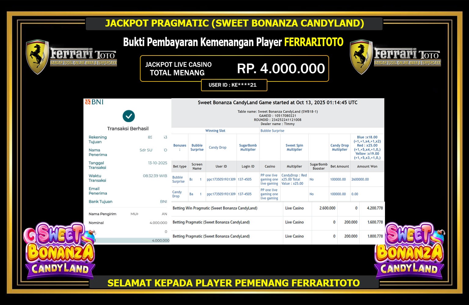 FERRARITOTO JACKPOT PRAGMATIC (SWEET BONANZA CANDYLAND) Rp.4.000.000,- LUNAS