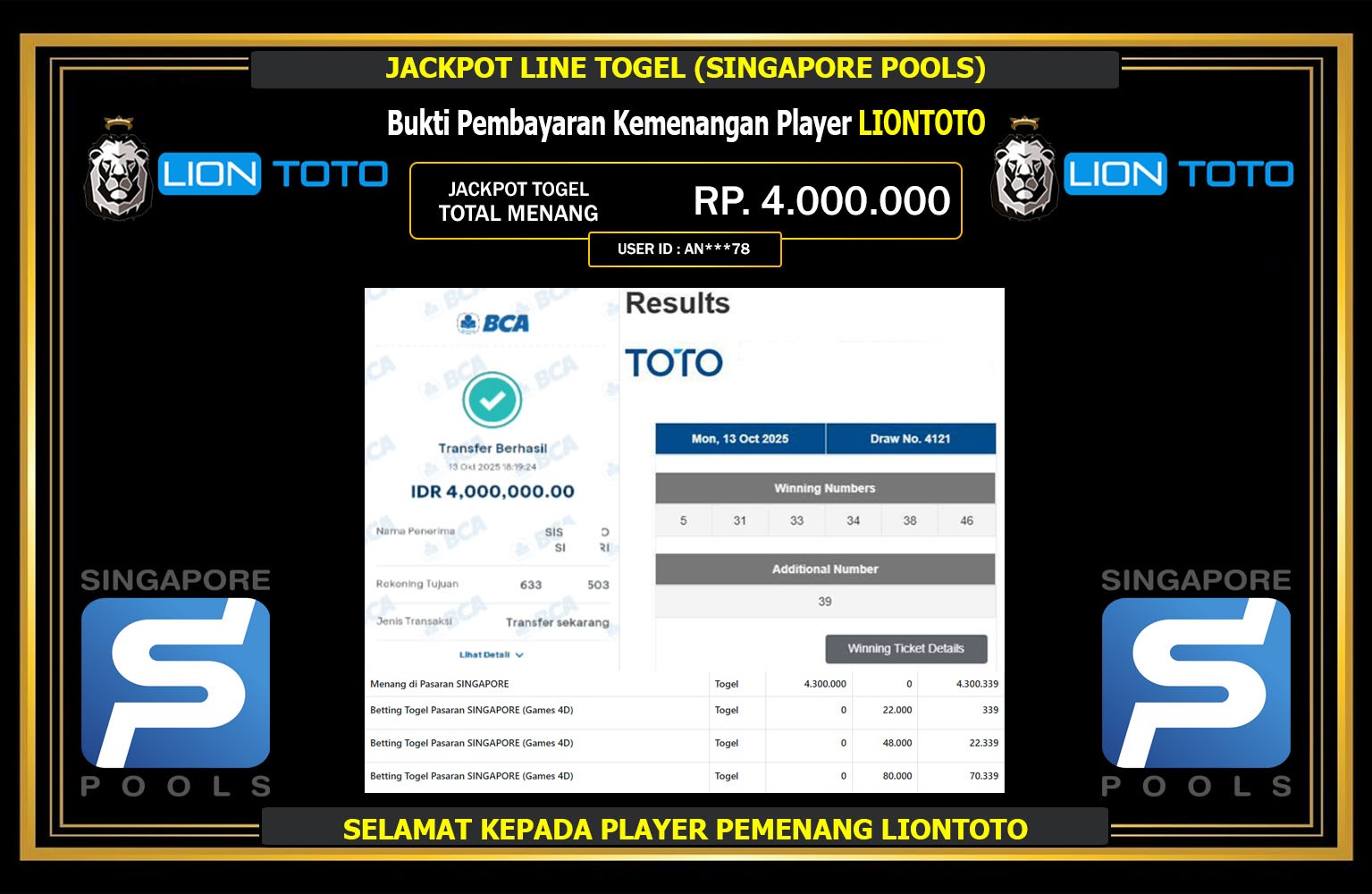 LIONTOTO JACKPOT LINE TOGEL (SINGAPORE POOLS) Rp.4.000.000,- LUNAS
