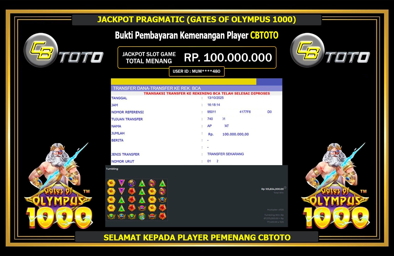 CBTOTO JACKPOT PRAGMATIC (GATES OF OLYMPUS 1000) Rp.100.000.000,- LUNAS