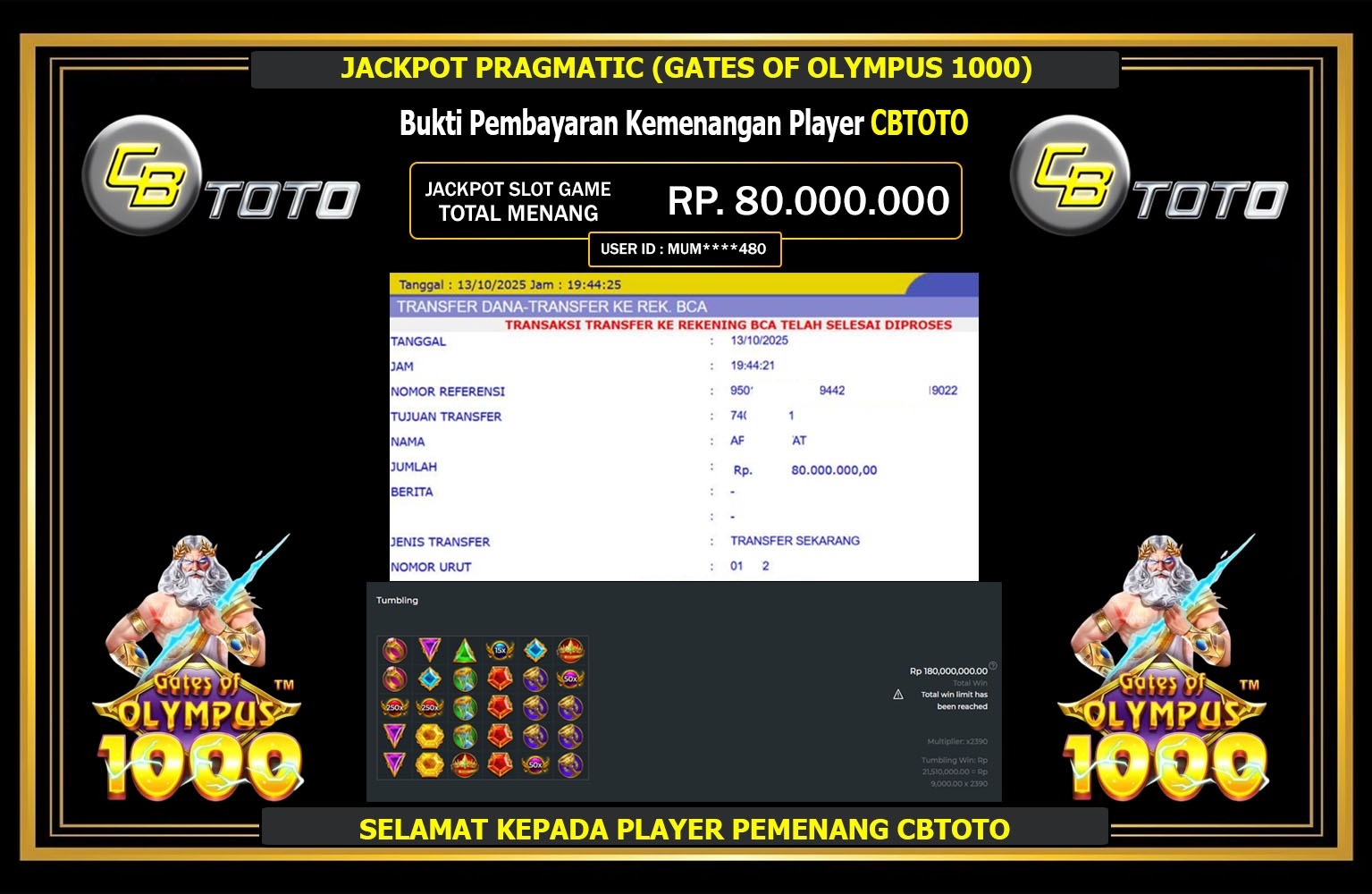 CBTOTO JACKPOT PRAGMATIC (GATES OF OLYMPUS 1000) Rp.80.000.000,- LUNAS