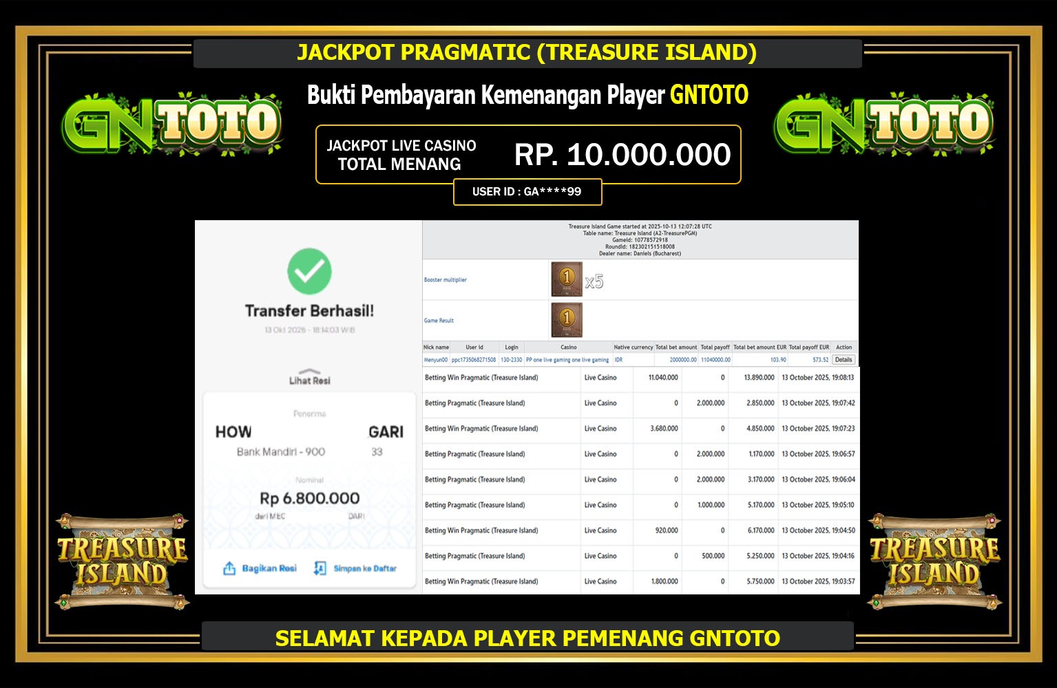 GNTOTO JACKPOT PRAGMATIC (TREASURE ISLAND) Rp.10.000.000,- LUNAS