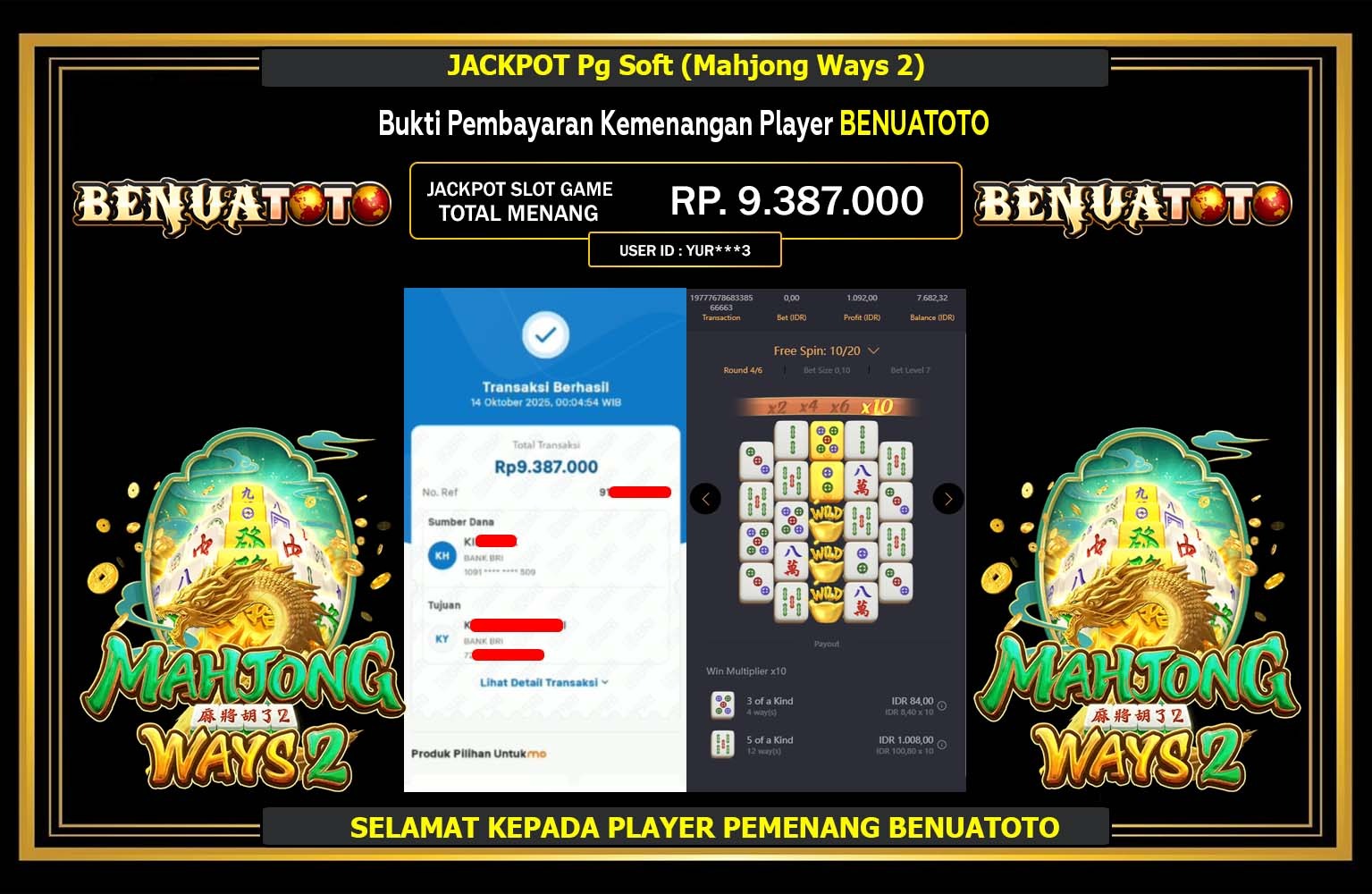 BENUATOTO JACKPOT PG SOFT (MAHJONG WAYS 2) Rp.9.387.000,- LUNAS