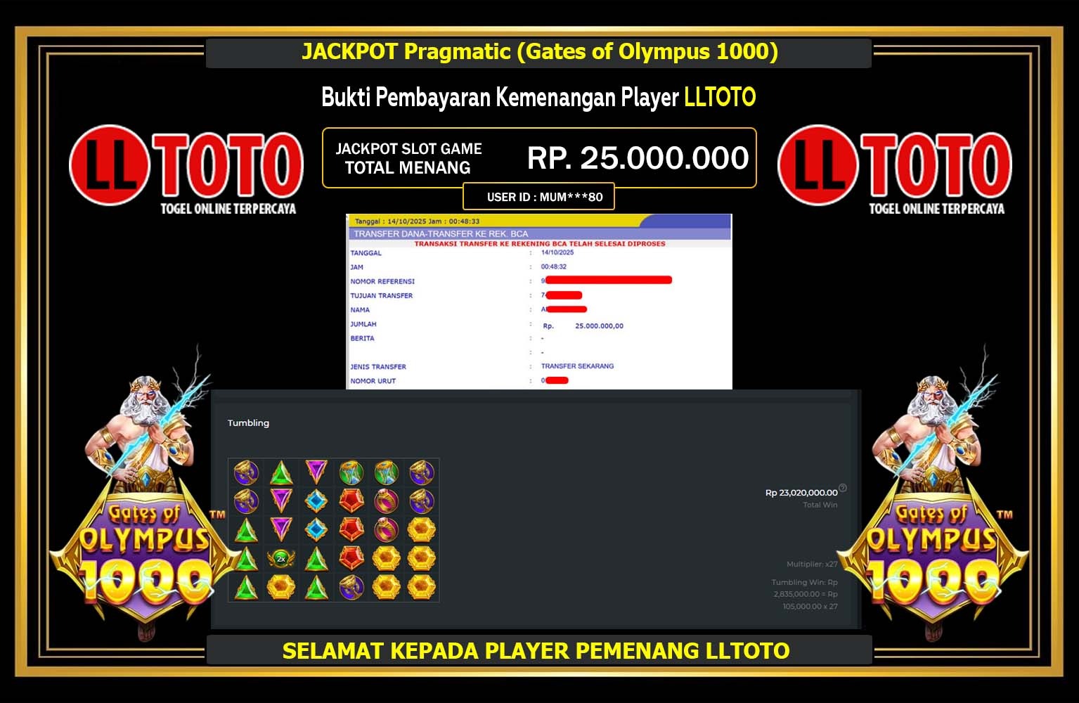 LLTOTO JACKPOT PRAGMATIC (GATES OF OLYMPUS 1000) Rp.25.000.000,- LUNAS