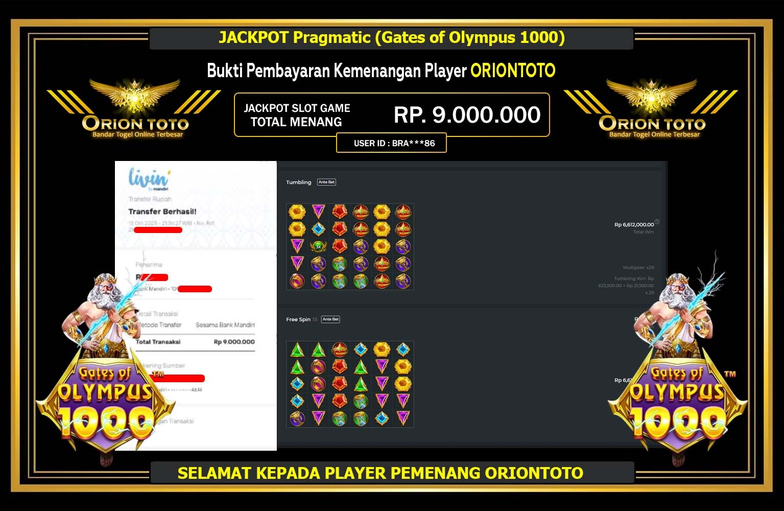ORIONTOTO JACKPOT PRAGMATIC (GATES OF OLYMPUS 1000) Rp.9.000.000,- LUNAS
