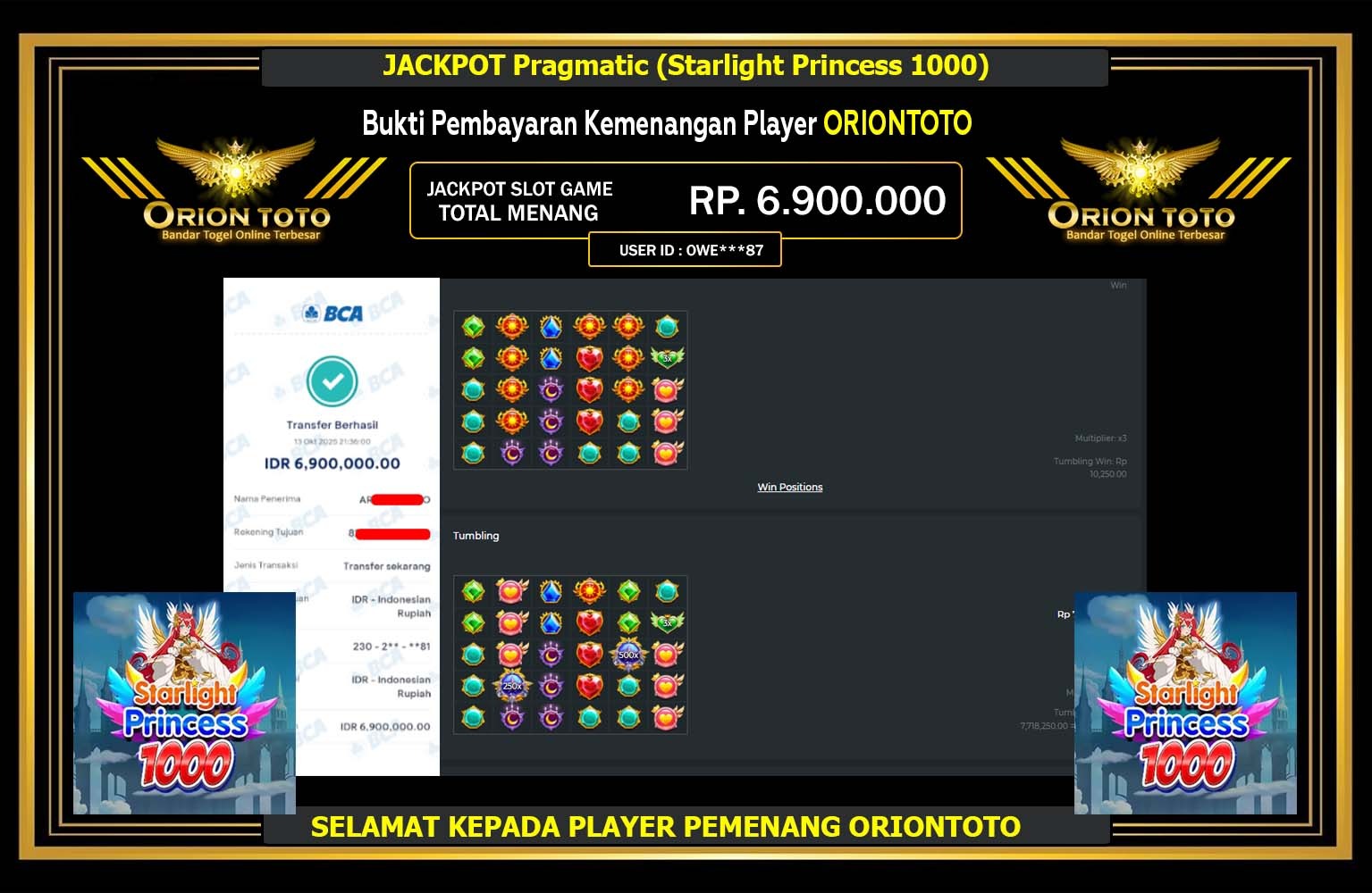 ORIONTOTO JACKPOT PRAGMATIC (STARLIGHT PRINCESS 1000) Rp.6.900.000,- LUNAS