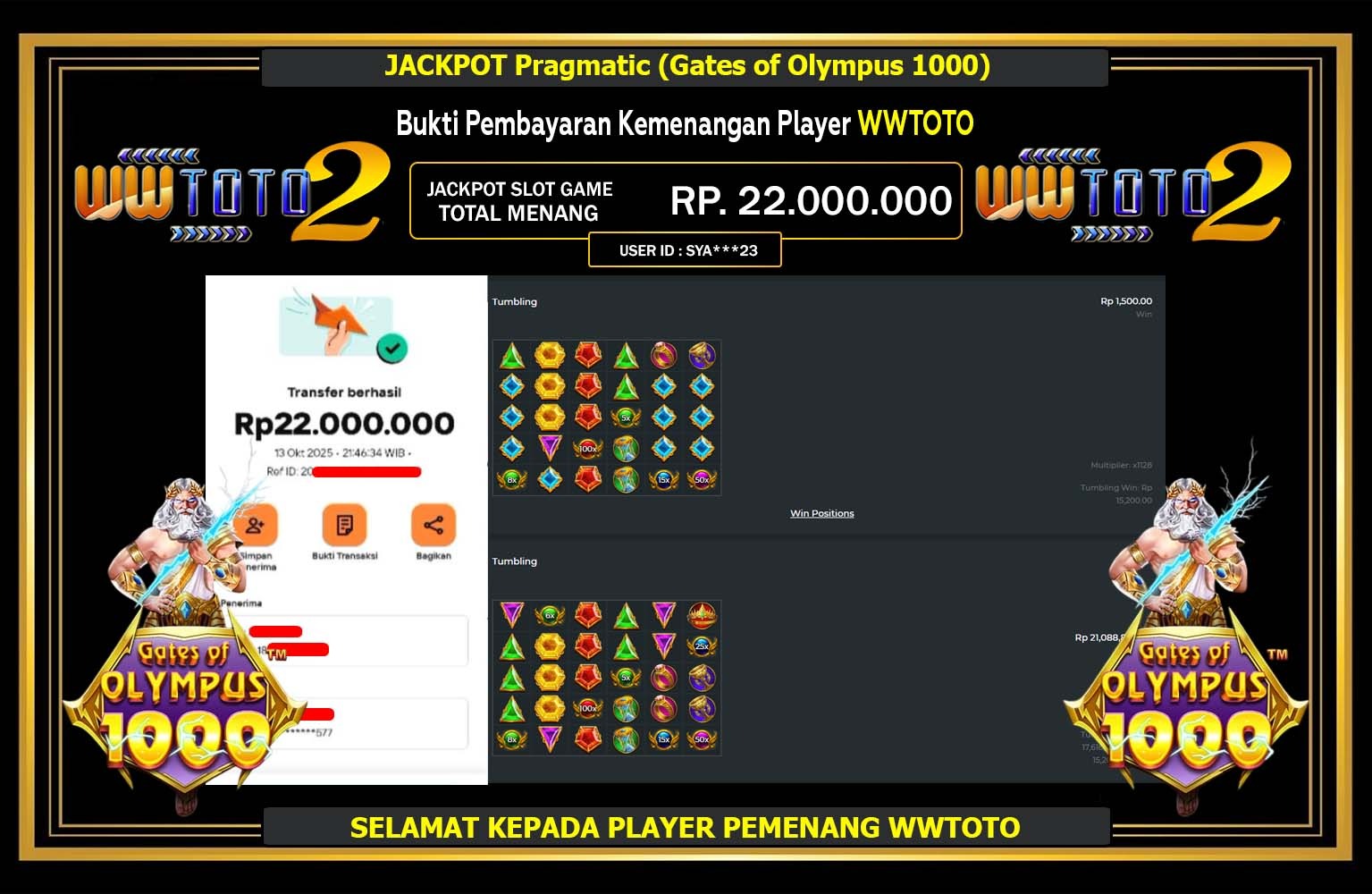 WWTOTO2 JACKPOT PRAGMATIC (GATES OF OLYMPUS 1000) Rp.22.000.000,- LUNAS