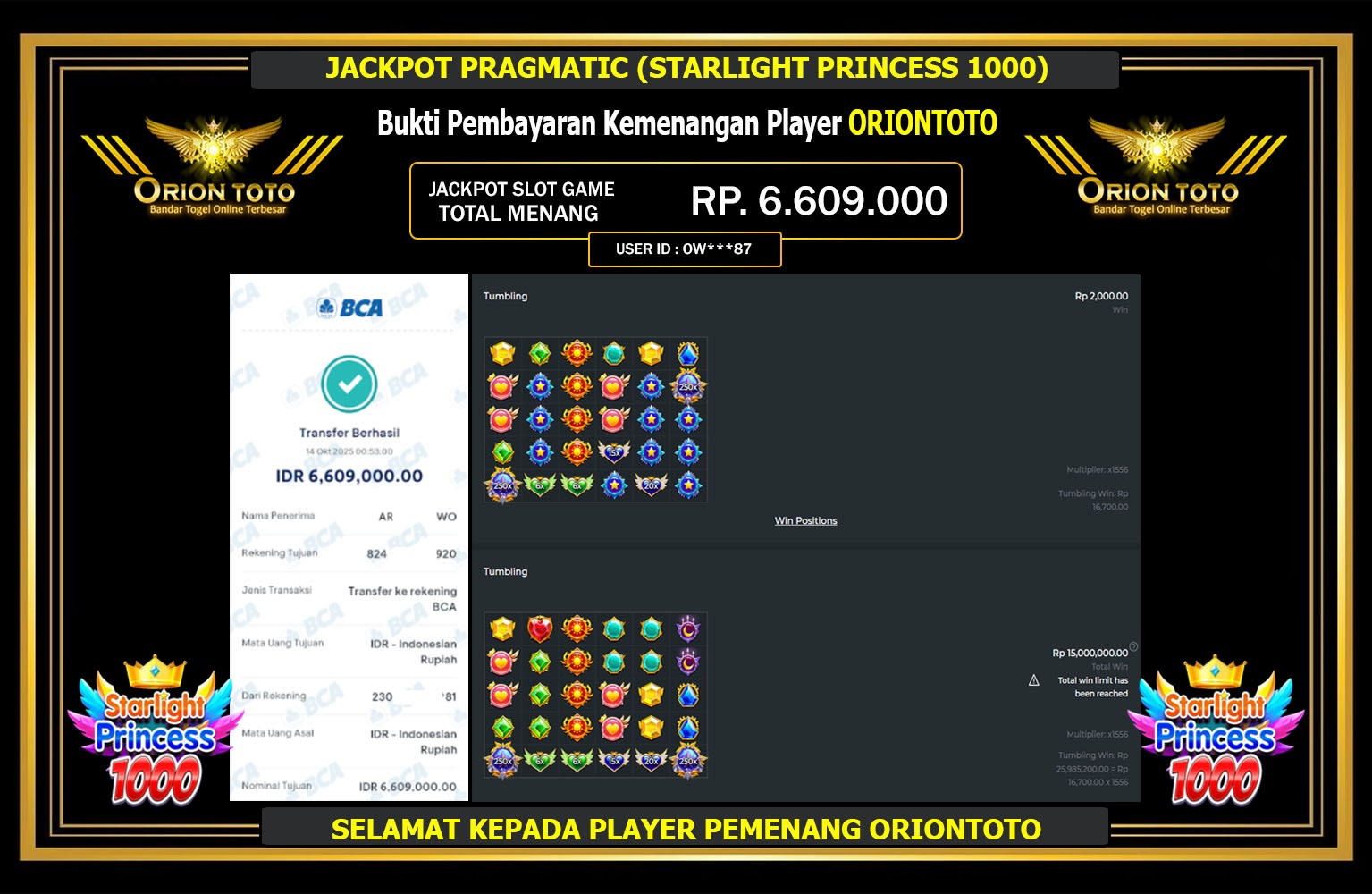 ORIONTOTO JACKPOT PRAGMATIC (STARLIGHT PRINCESS 1000) Rp.6.609.000,- LUNAS