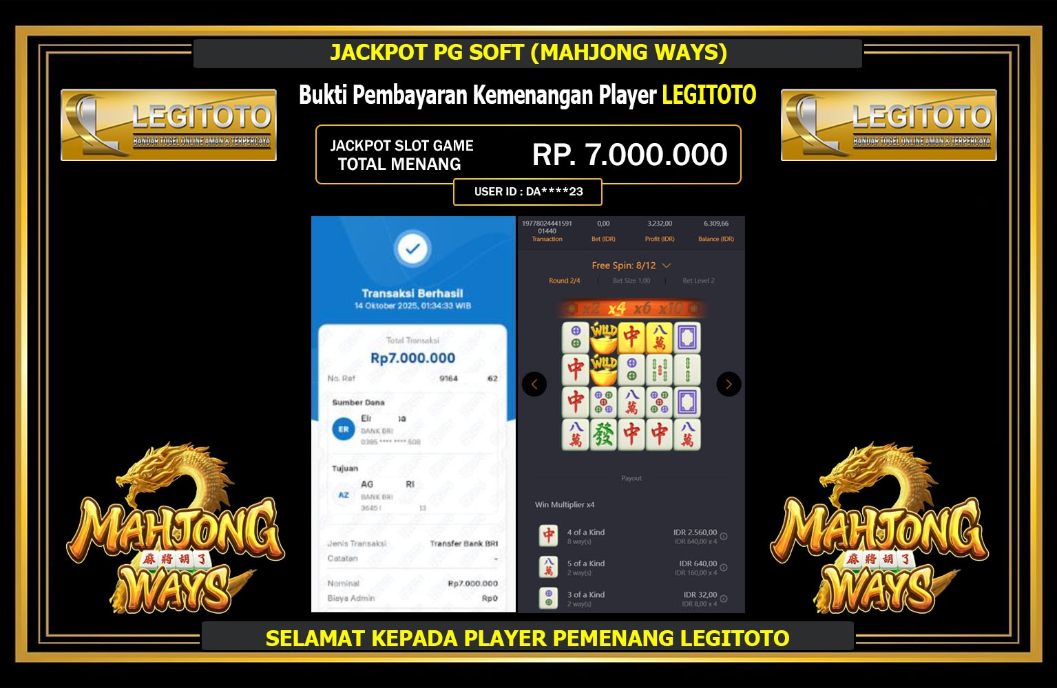 LEGITOTO JACKPOT PG SOFT (MAHJONG WAYS) Rp.7.000.000,- LUNAS