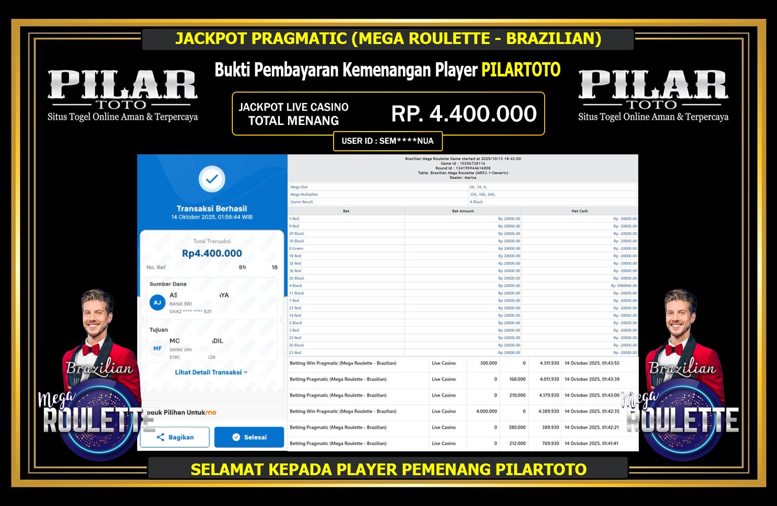 PILARTOTO JACKPOT PRAGMATIC (MEGA ROULETTE - BRAZILIAN) Rp.4.400.000,- LUNAS