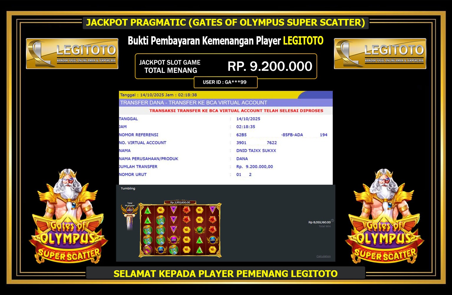 LEGITOTO JACKPOT PRAGMATIC (GATES OF OLYMPUS SUPER SCATTER) Rp.9.200.000,- LUNAS