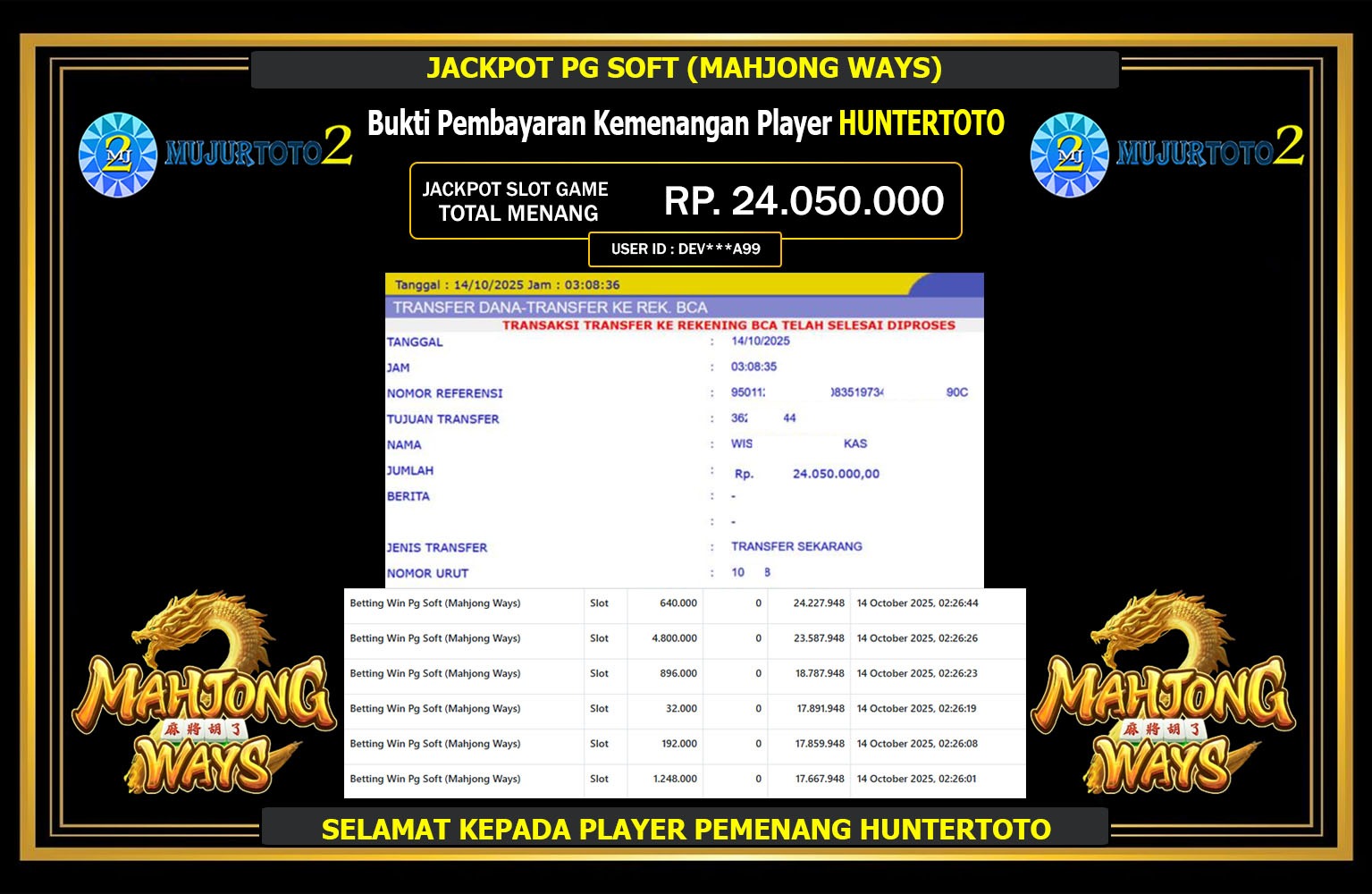 MUJURTOTO2 JACKPOT PG SOFT (MAHJONG WAYS) Rp.24.050.000,- LUNAS