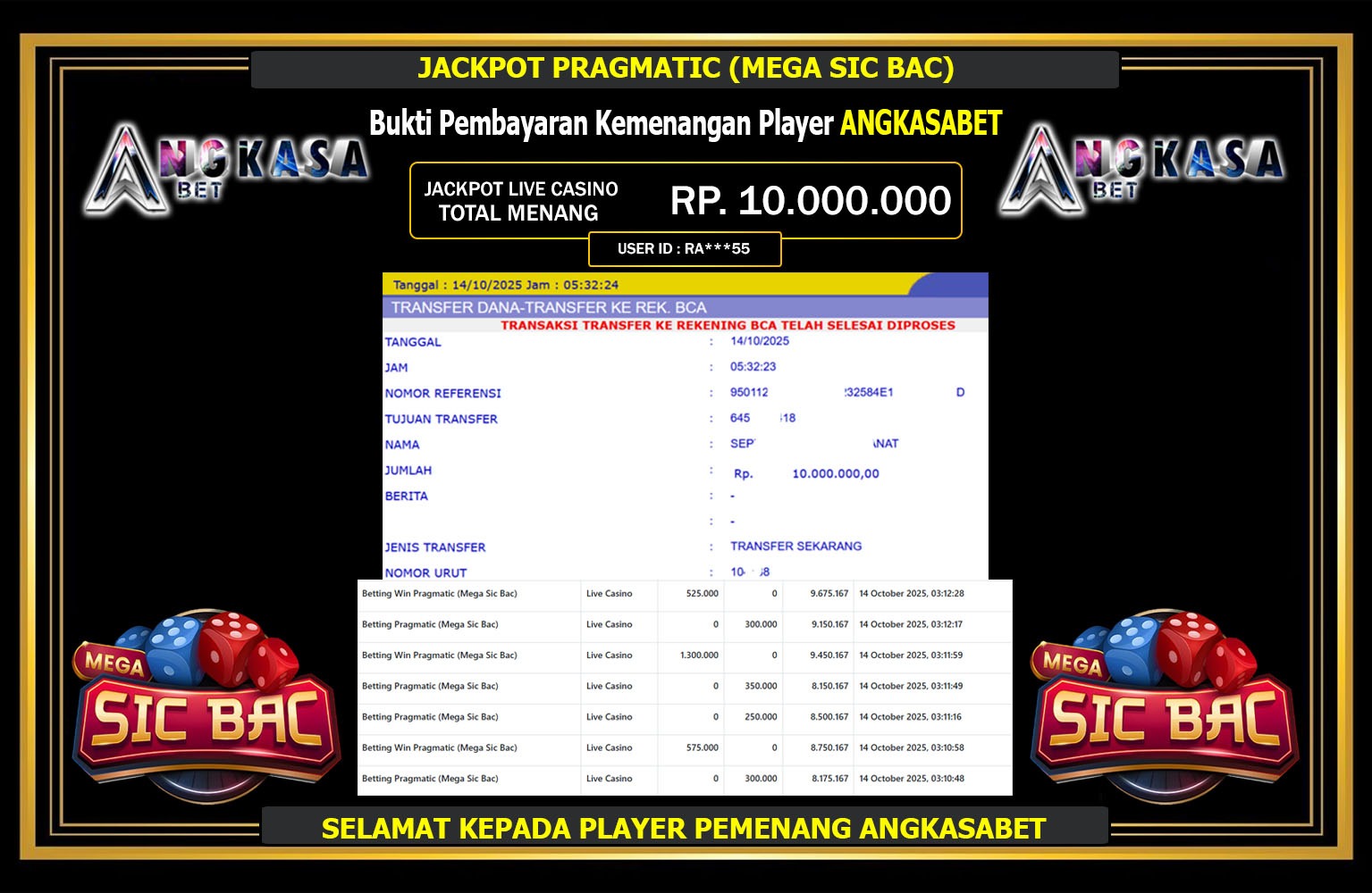 ANGKASABET JACKPOT PRAGMATIC (MEGA SIC BAC) Rp.10.000.000,- LUNAS