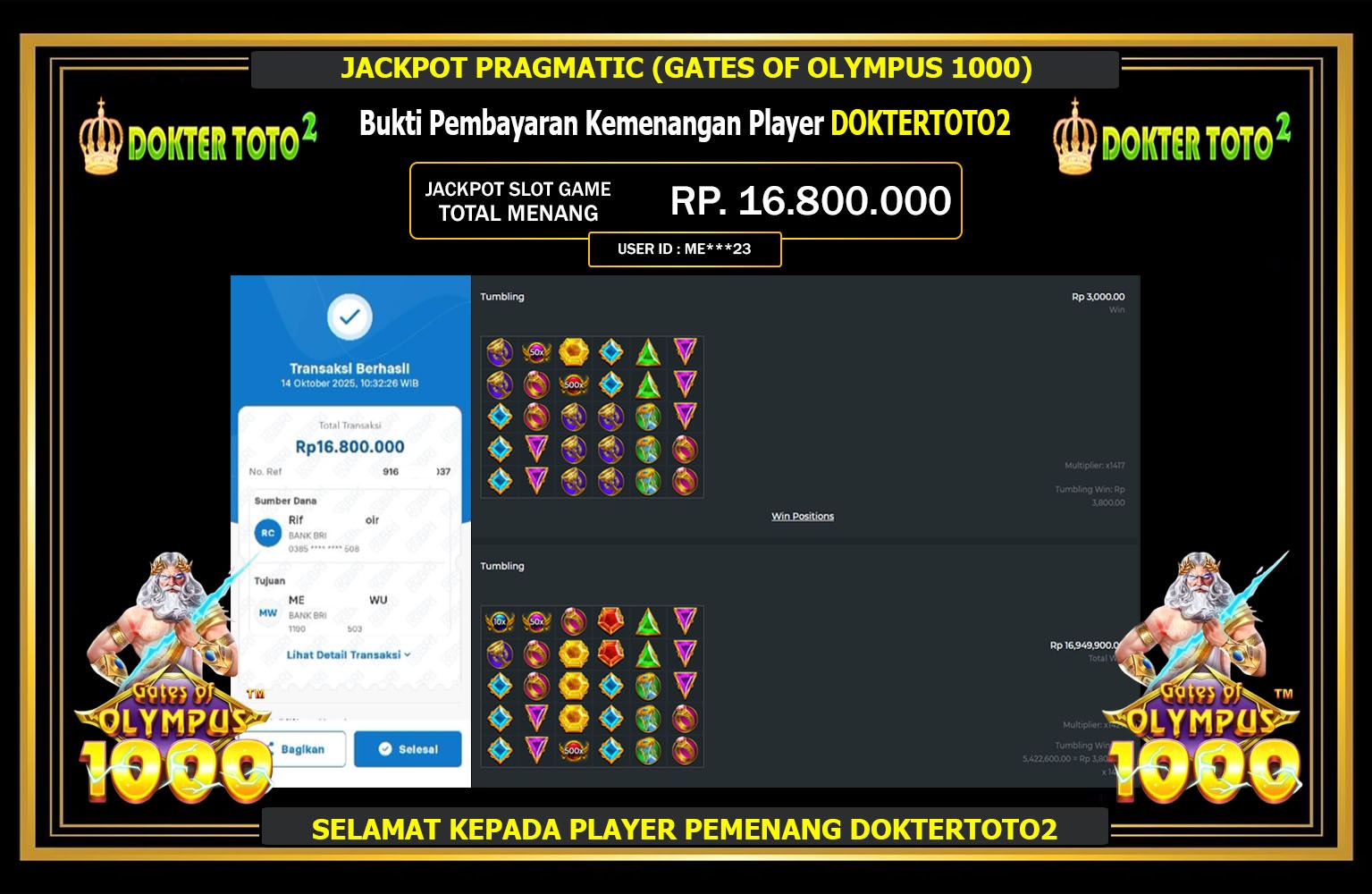 DOKTERTOTO2 JACKPOT PRAGMATIC (GATES OF OLYMPUS 1000) Rp.16.800.000,- LUNAS