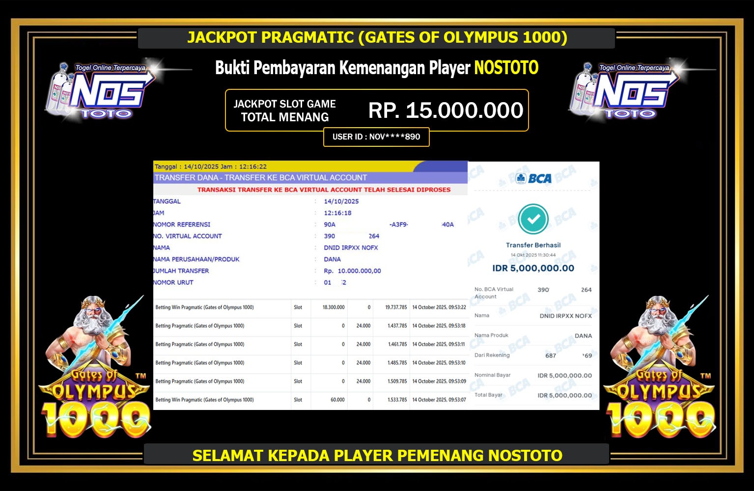 NOSTOTO JACKPOT PRAGMATIC (GATES OF OLYMPUS 1000) Rp.15.000.000,- LUNAS