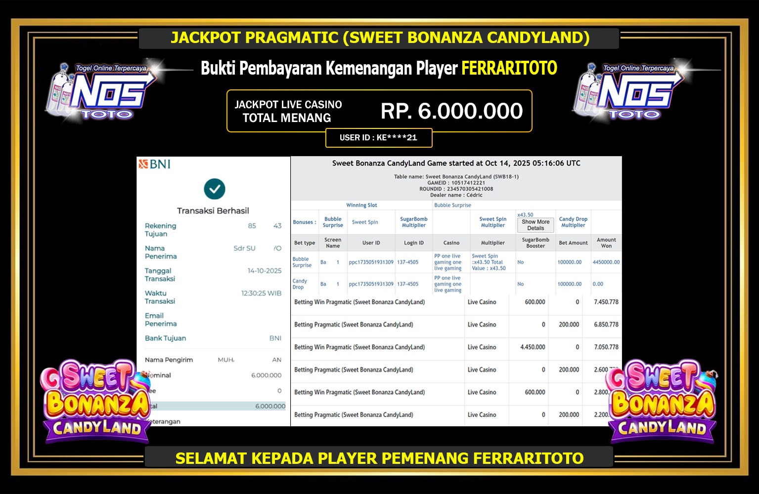 NOSTOTO JACKPOT PRAGMATIC (SWEET BONANZA CANDYLAND) Rp.6.000.000,- LUNAS