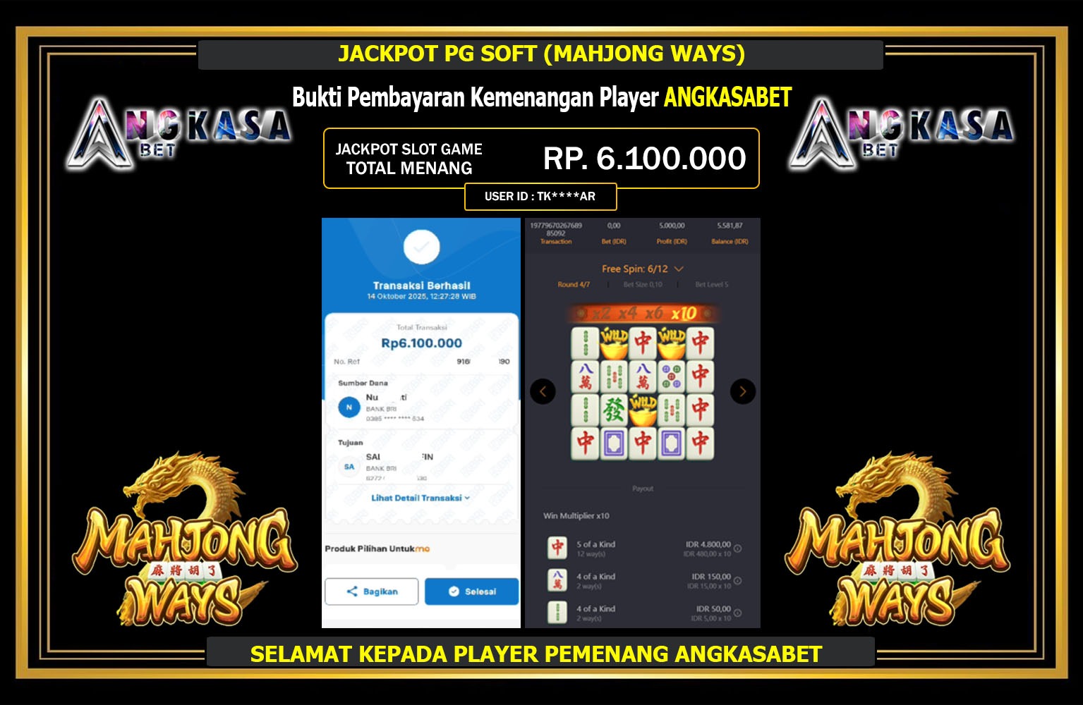 ANGKASABET JACKPOT PG SOFT (MAHJONG WAYS) Rp.6.100.000,- LUNAS