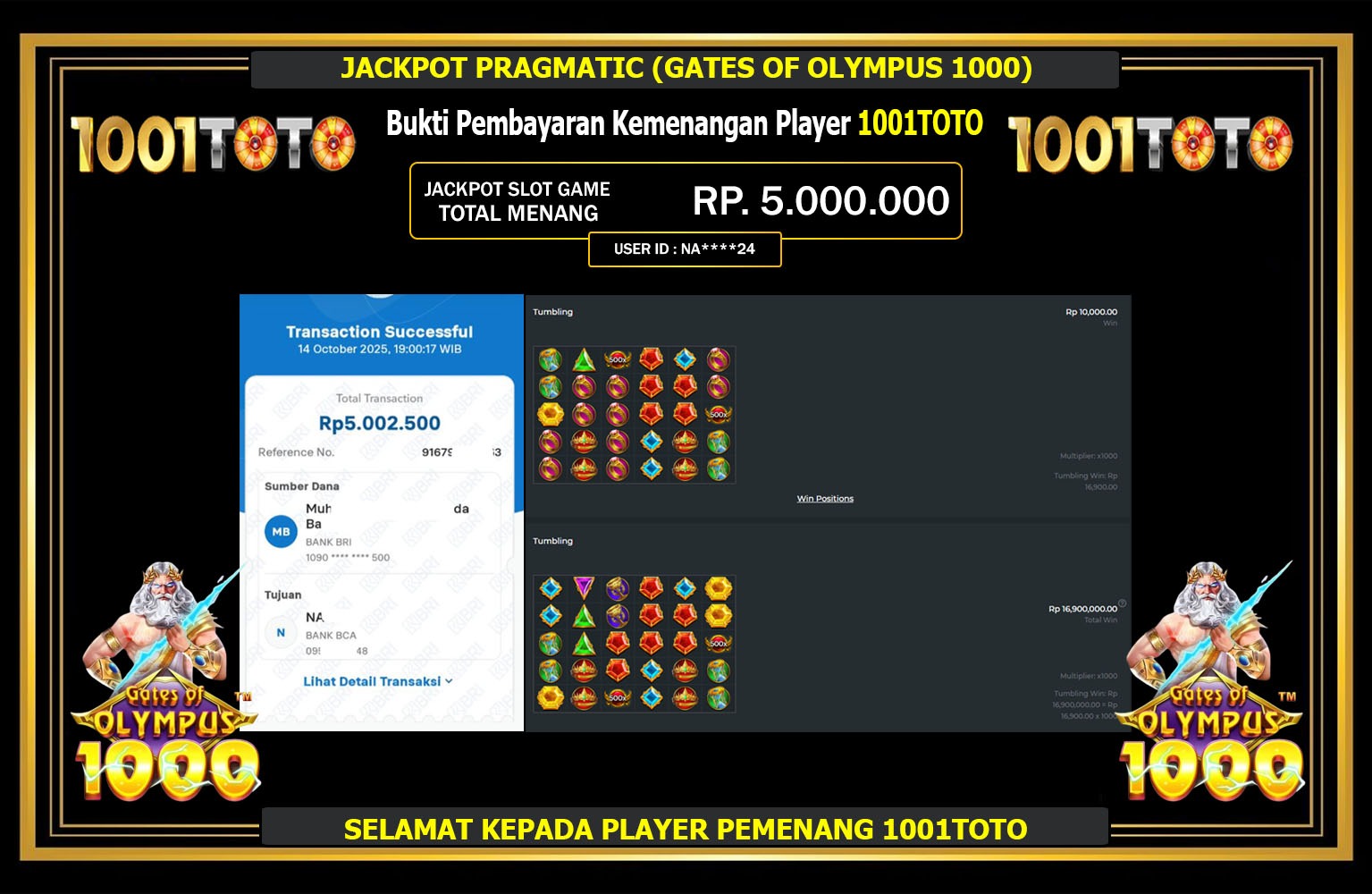 1001TOTO JACKPOT PRAGMATIC (GATES OF OLYMPUS 1000) Rp.5.000.000,- LUNAS