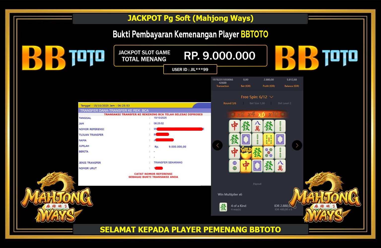 BBTOTO JACKPOT PG SOFT (MAHJONG WAYS) Rp.9.000.000,- LUNAS