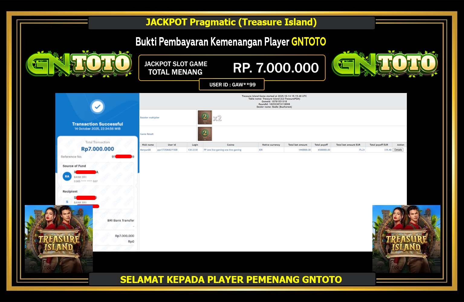 GNTOTO JACKPOT PRAGMATIC (TREASURE ISLAND) Rp.7.000.000,- LUNAS
