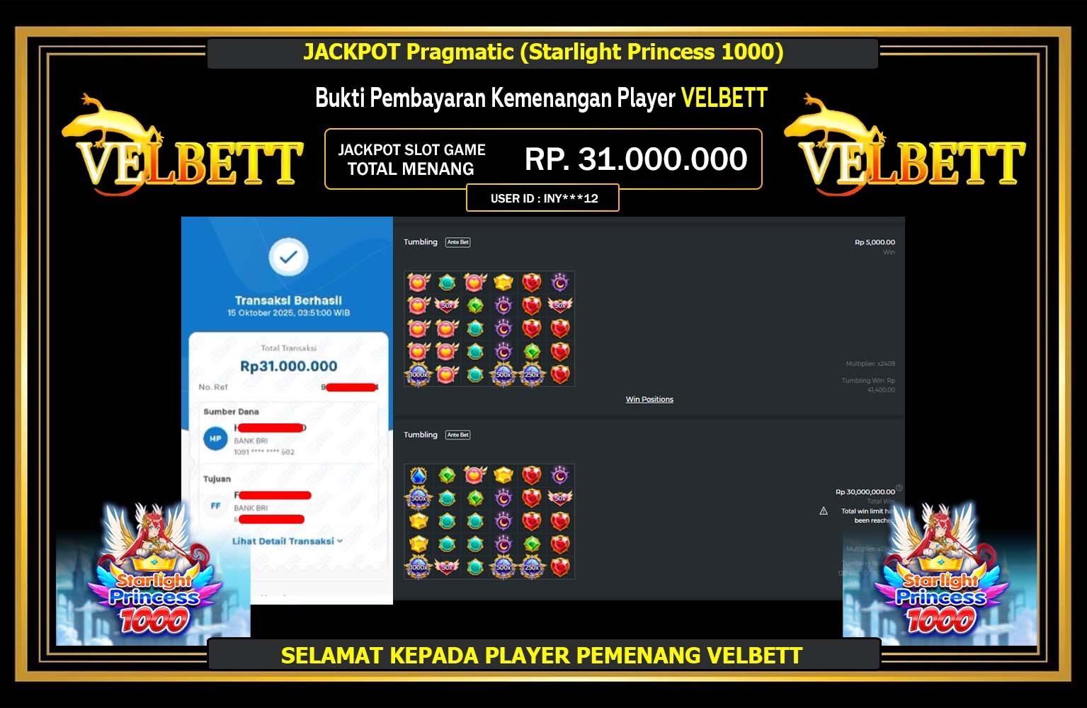VELBETT JACKPOT PRAGMATIC (STARLIGHT PRINCESS 1000) Rp.31.000.000,- LUNAS