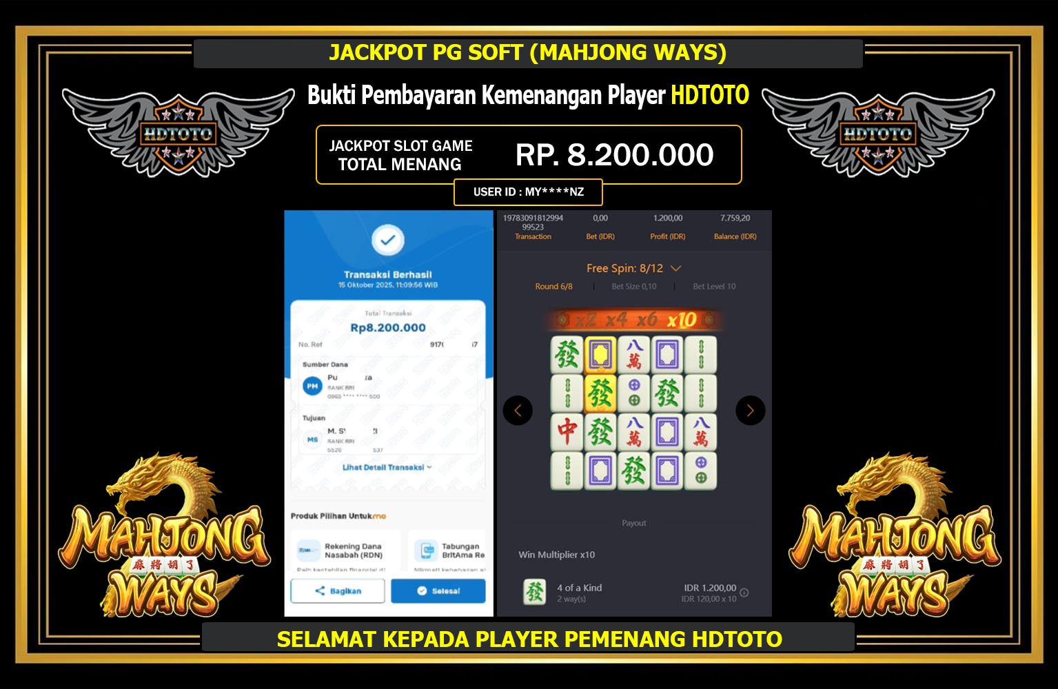 HDTOTO JACKPOT PG SOFT (MAHJONG WAYS) Rp.8.200.000,- LUNAS