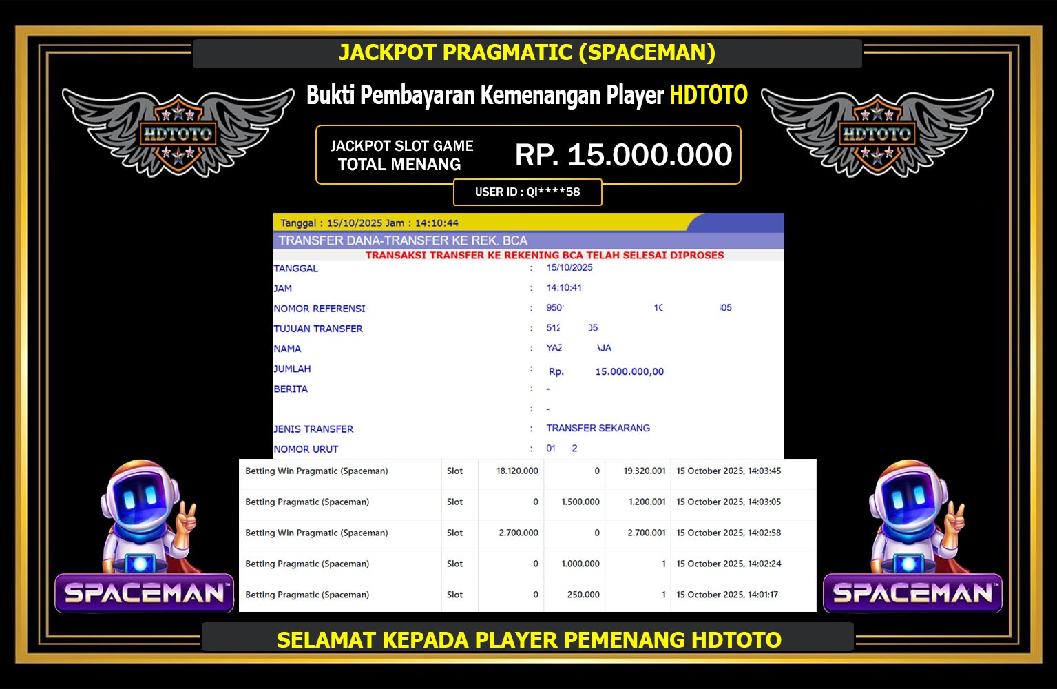 HDTOTO JACKPOT PRAGMATIC (SPACEMAN) Rp.15.000.000,- LUNAS