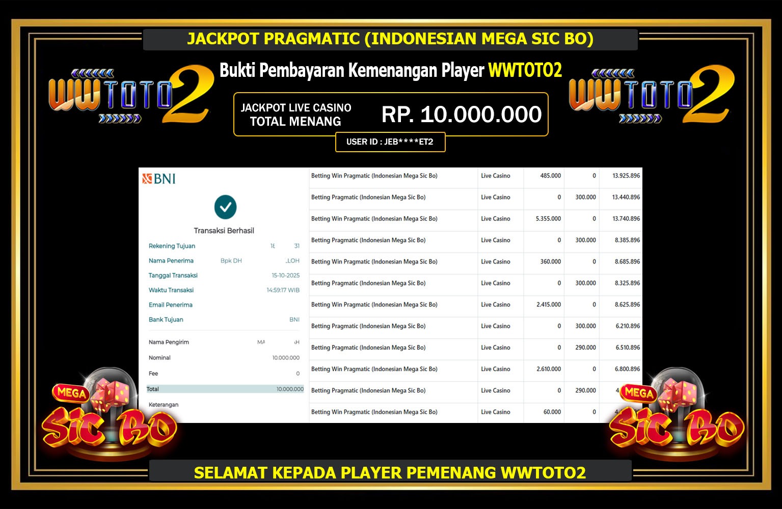 WWTOTO2 JACKPOT PRAGMATIC (INDONESIAN MEGA SIC BO) Rp.10.000.000,- LUNAS