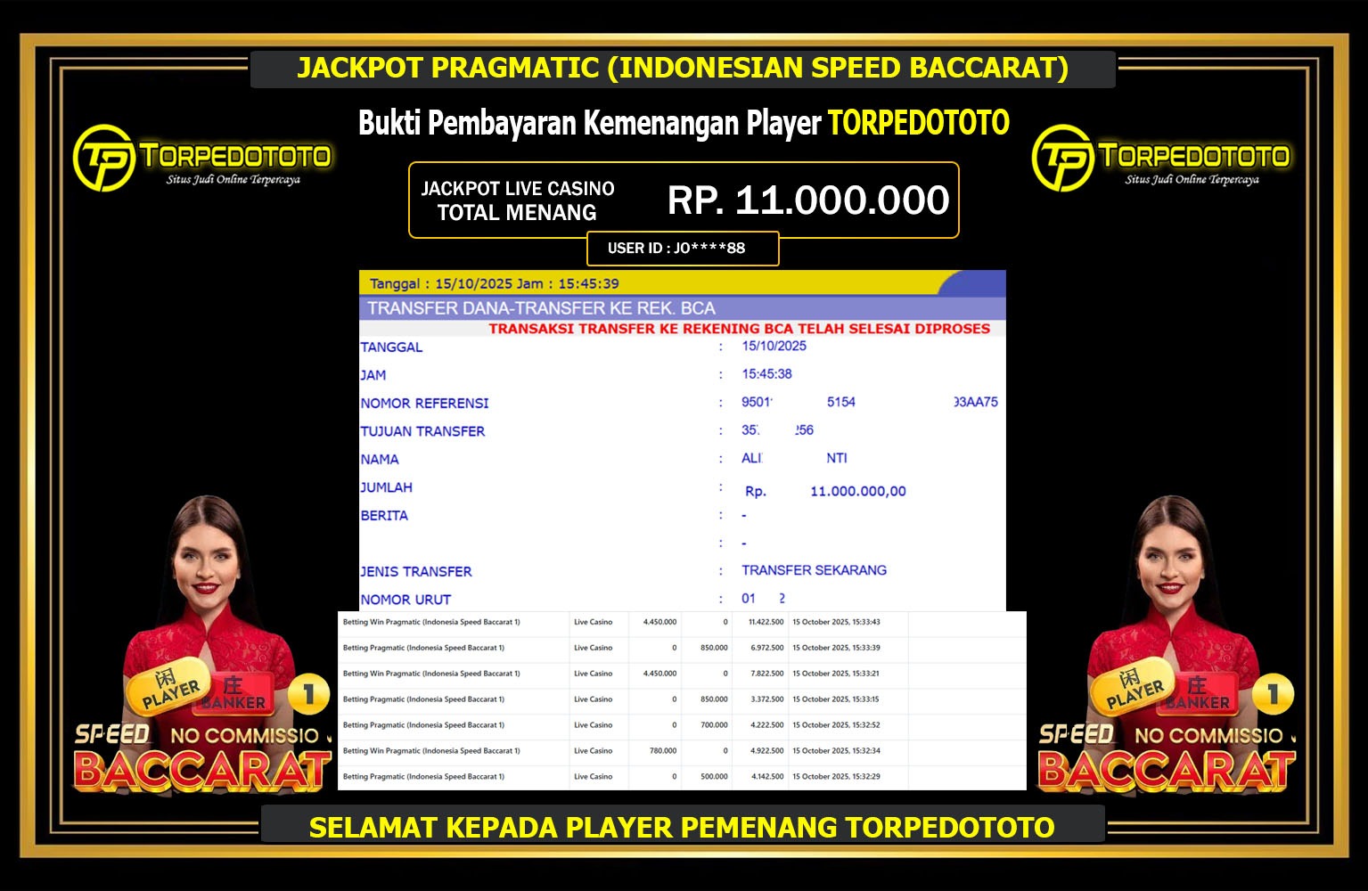 TORPEDOTOTO JACKPOT PRAGMATIC (INDONESIAN SPEED BACCARAT) Rp.11.000.000,- LUNAS