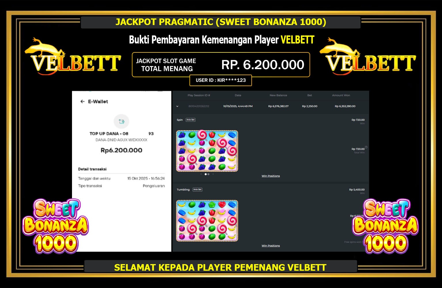 VELBETT JACKPOT PRAGMATIC (SWEET BONANZA 1000) Rp.6.200.000,- LUNAS