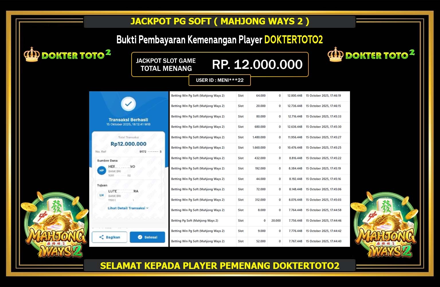 DOKTERTOTO2 JACKPOT PG SOFT (MAHJONG WAYS 2) Rp.12.000.000,- LUNAS