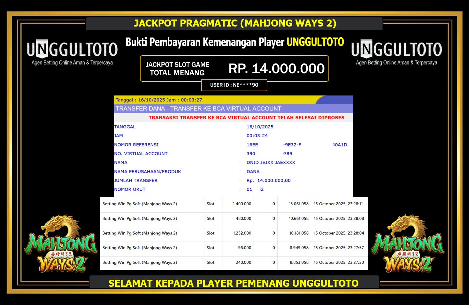 UNGGULTOTO JACKPOT PRAGMATIC (MAHJONG WAYS 2) Rp.14.000.000,- LUNAS