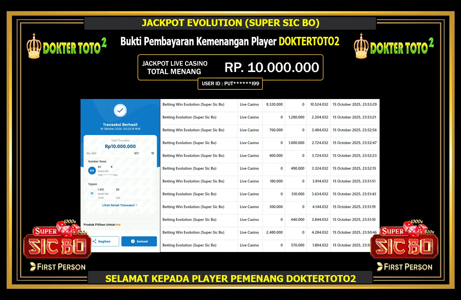DOKTERTOTO2 JACKPOT EVOLUTION (SUPER SIC BO) Rp.10.000.000,- LUNAS