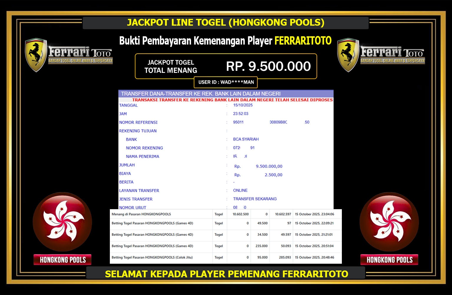 FERRARITOTO JACKPOT LINE TOGEL (HONGKONG POOLS) Rp.9.500.000,- LUNAS