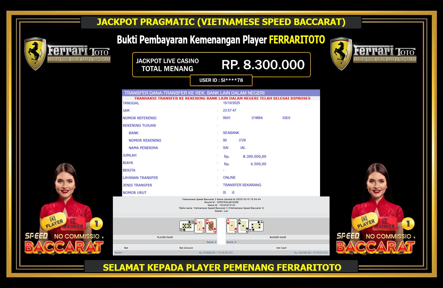 FERRARITOTO JACKPOT PRAGMATIC (VIETNAMESE SPEED BACCARAT) Rp.8.300.000,- LUNAS