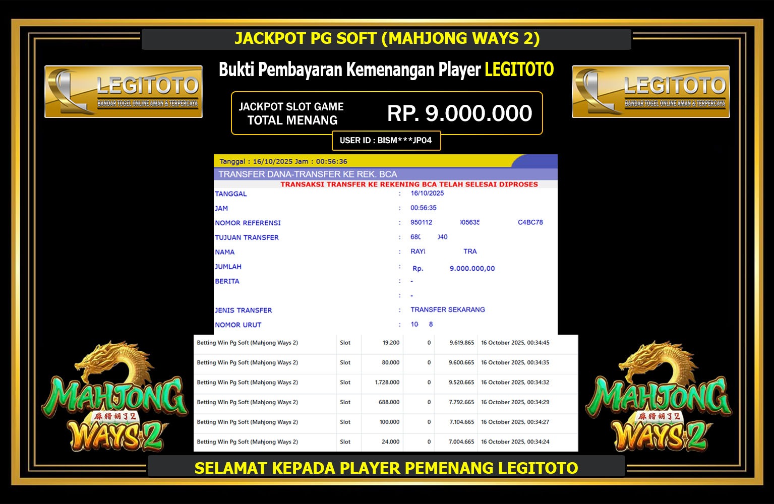 LEGITOTO JACKPOT PG SOFT (MAHJONG WAYS 2) Rp.9.000.000,- LUNAS
