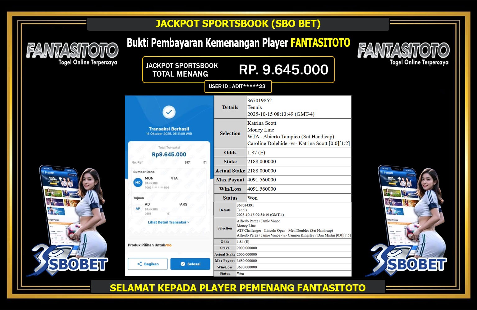 FANTASITOTO JACKPOT SPORTSBOOK (SBO BET) Rp.9.645.000,- LUNAS