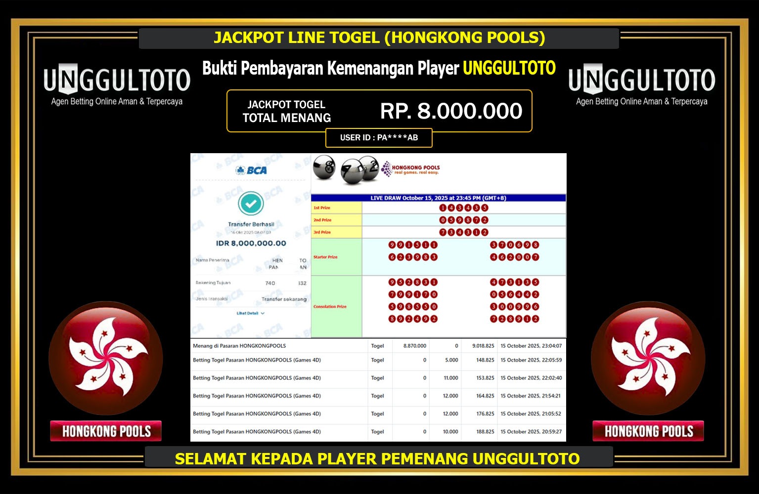 UNGGULTOTO JACKPOT LINE TOGEL (HONGKONG POOLS) Rp.8.000.000,- LUNAS