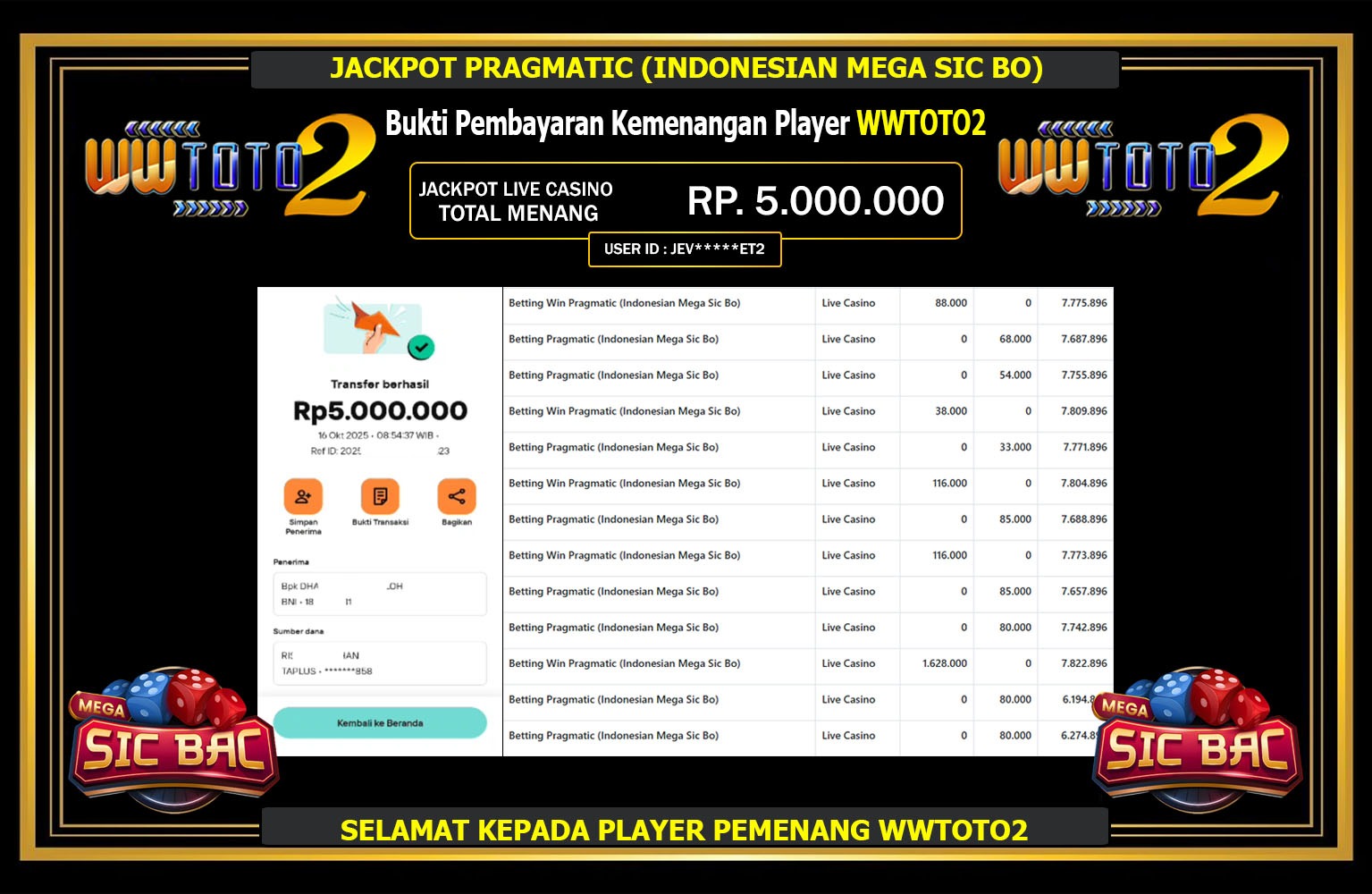 WWTOTO2 JACKPOT PRAGMATIC (INDONESIAN MEGA SIC BO) Rp.5.000.000,- LUNAS