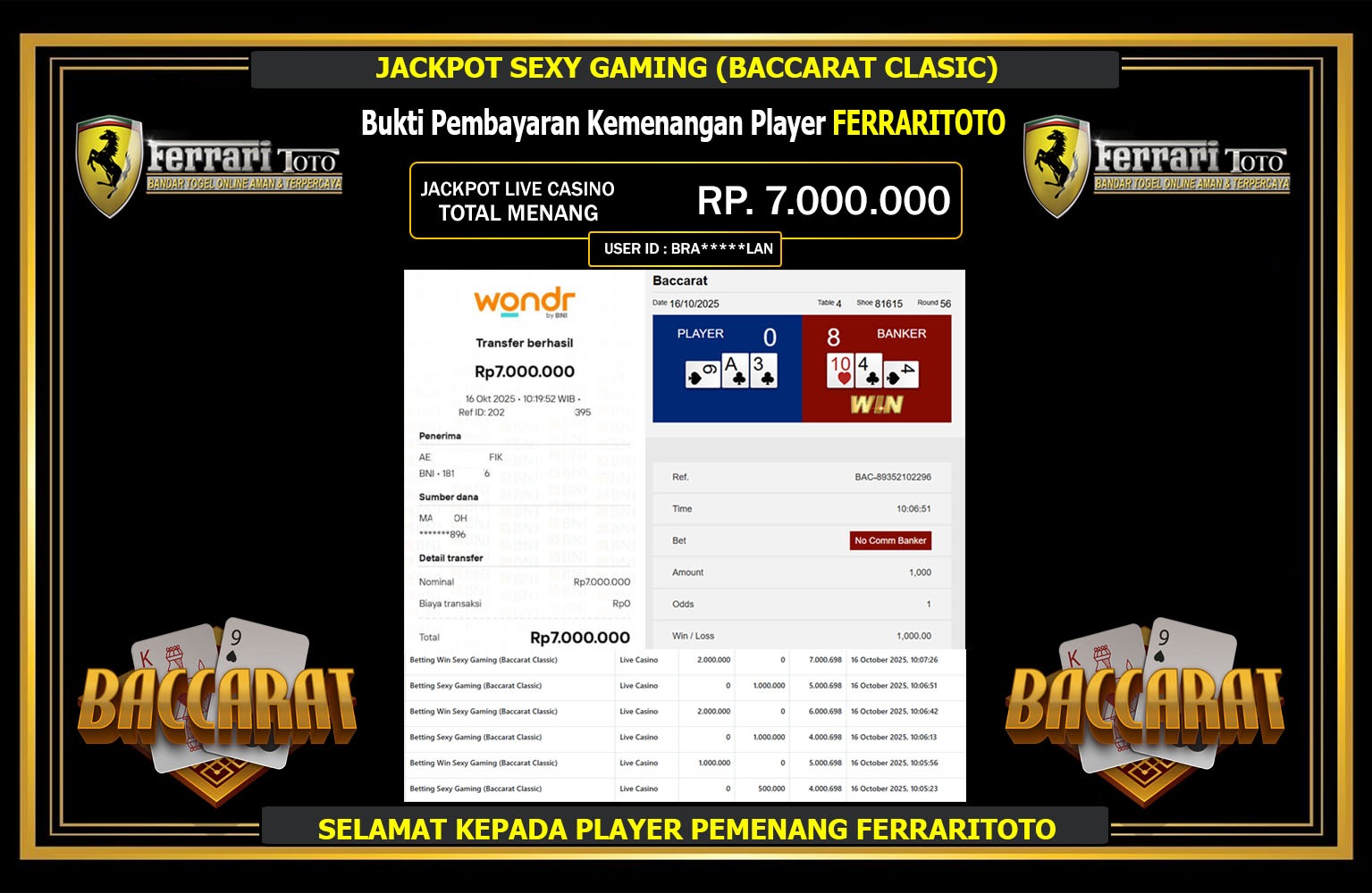 FERRARITOTO JACKPOT SEXY GAMING (BACCARAY CLASSIC) Rp.7.000.000,- LUNAS