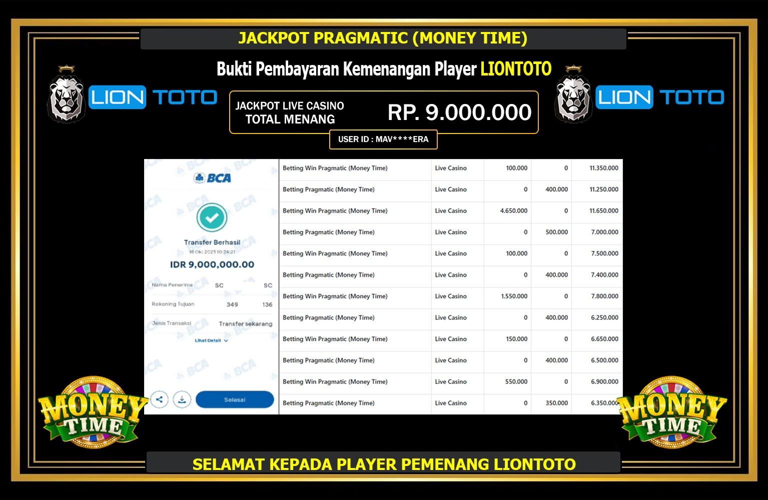 LIONTOTO JACKPOT PRAGMATIC (MONEY TIME) Rp.9.000.000,- LUNAS