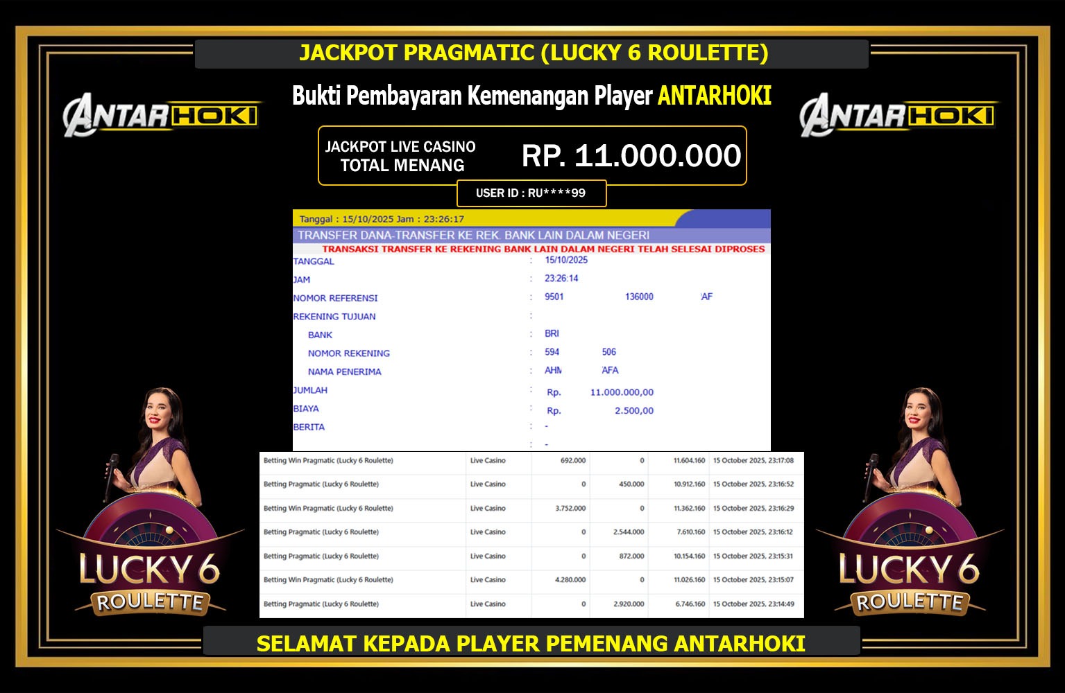 ANTARHOKI JACKPOT PRAGMATIC (LUCKY 6 ROULETTE) Rp.11.000.000,- LUNAS
