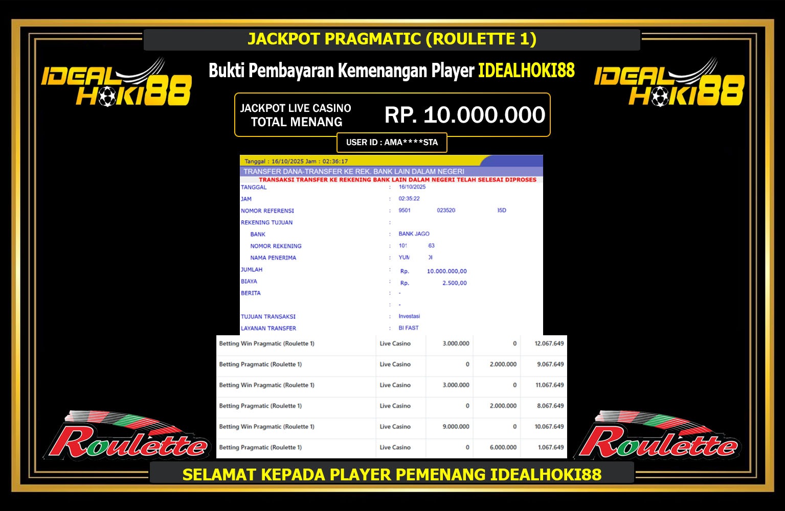 IDEALHOKI88 JACKPOT PRAGMATIC (ROULETTE 1) Rp.10.000.000,- LUNAS