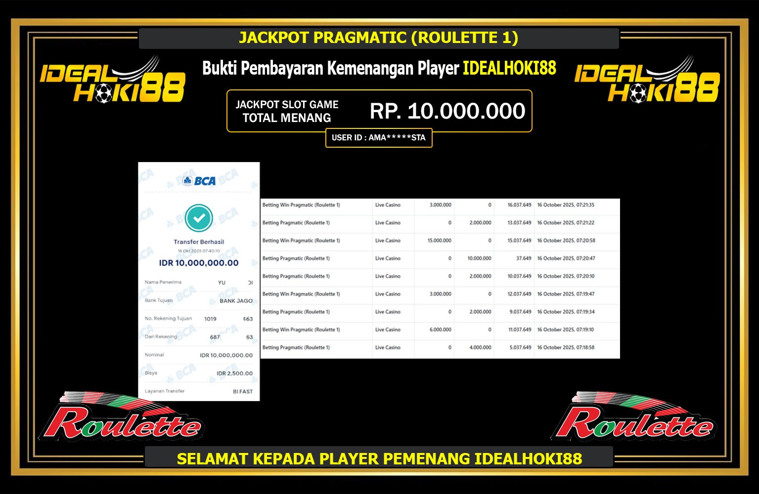 IDEALHOKI88 JACKPOT PRAGMATIC (ROULETTE 1) Rp.10.000.000,- LUNAS