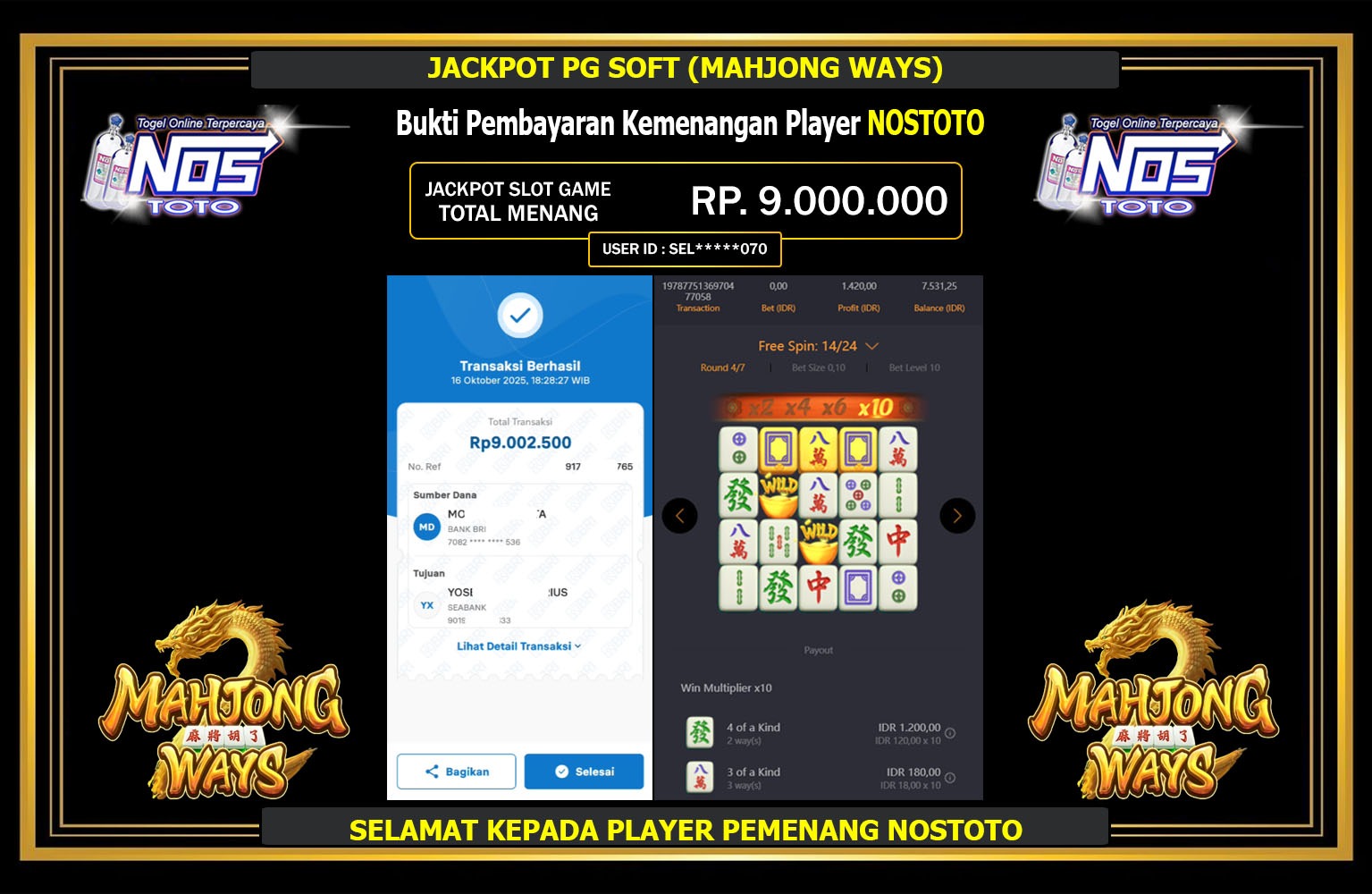 NOSTOTO JACKPOT PG SOFT (MAHJONG WAYS) Rp.9.000.000,- LUNAS