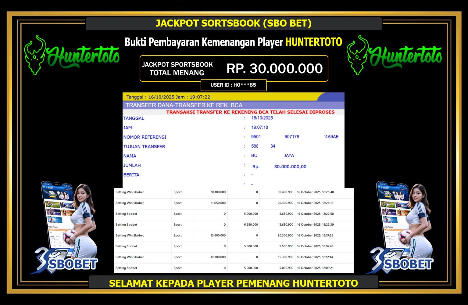 HUNTERTOTO JACKPOT SPORTSBOOK (SBO SPORTS) Rp.30.000.000,- LUNAS