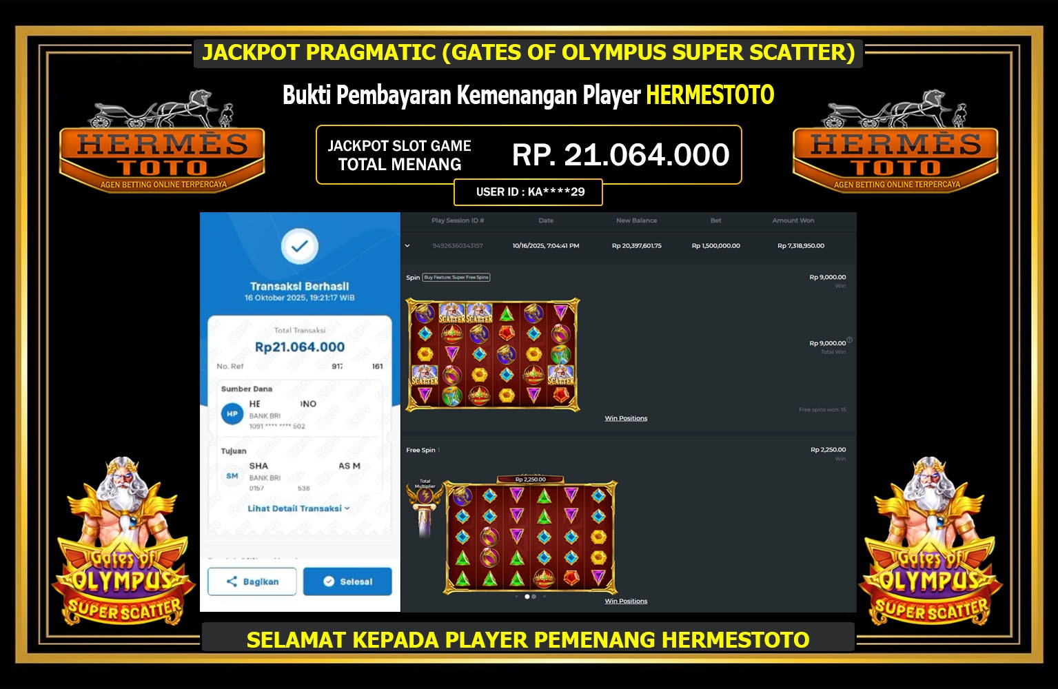 HERMESTOTO JACKPOT PRAGMATIC (GATES OF OLYMPUS SUPER SCATTER) Rp.21.064.000,- LUNAS