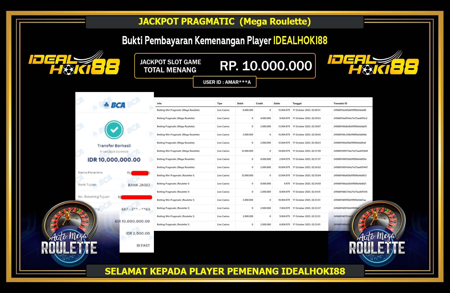 IDEALSHOKI88 JACKPOT PRAGMATIC (Mega Roulette) Rp.10.000.000,- LUNAS