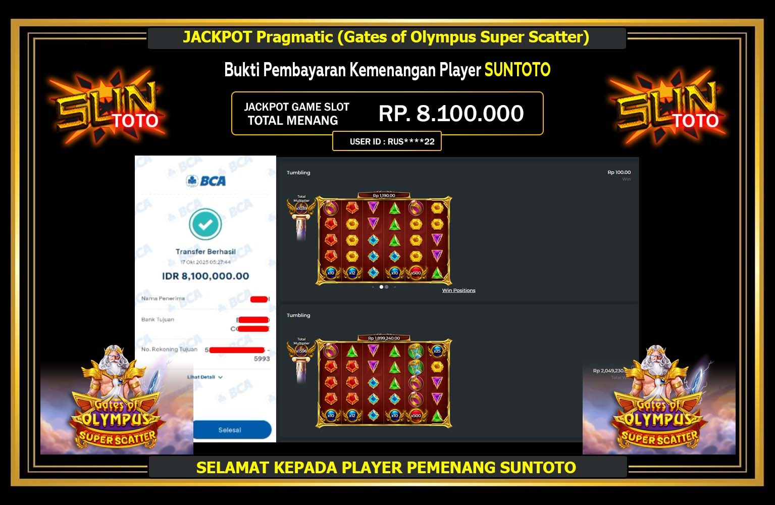 SUNTOTO JACKPOT Pragmatic (Gates of Olympus Super Scatter) Rp.8.100.000,- LUNAS
