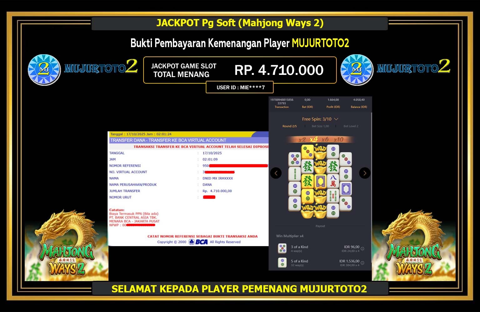 MUJURTOTO2 JACKPOT PG SOFT (MAHJONG WAYS) Rp.4.710.000,- LUNAS