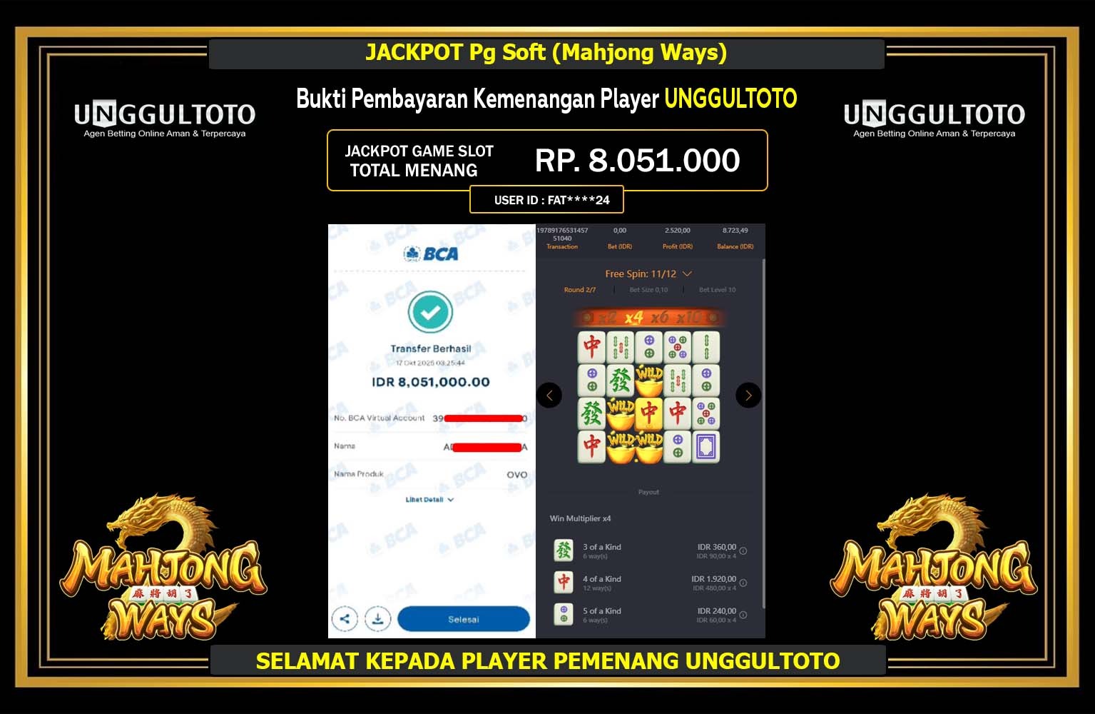 UNGGULTOTO JACKPOT PRAGMATIC (MAHJONG WAYS ) Rp.8.051.000,- LUNAS